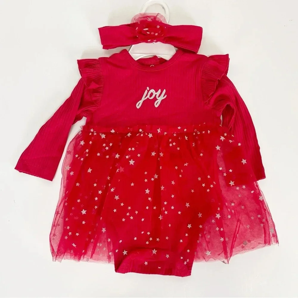 NEW Little Me Baby Girls Red Joy Christmas Outfit Tulle One Piece Headband 9M